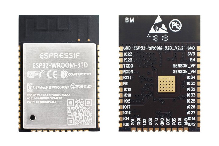 ESP32-WROOM-32D module (front and back)